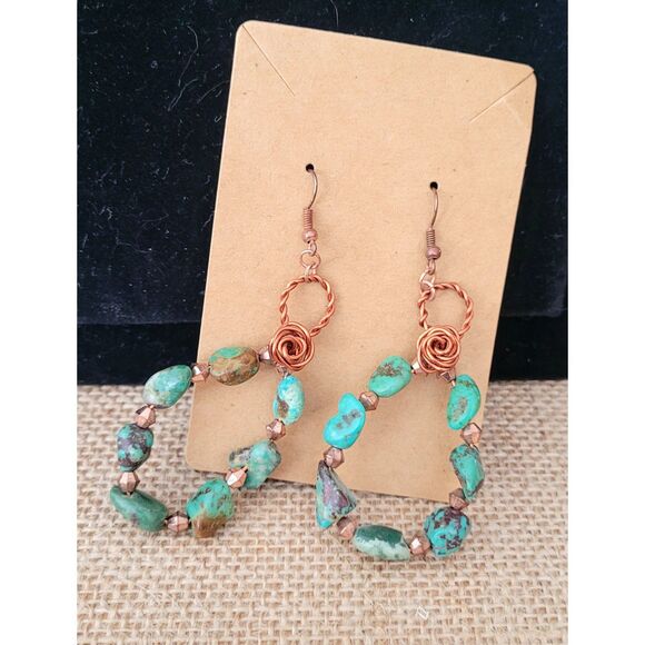 2" Copper Wire Rose & Beads with Genuine Turquoise Pear Shaped Dangle Earrings - Picture 2 of 3
